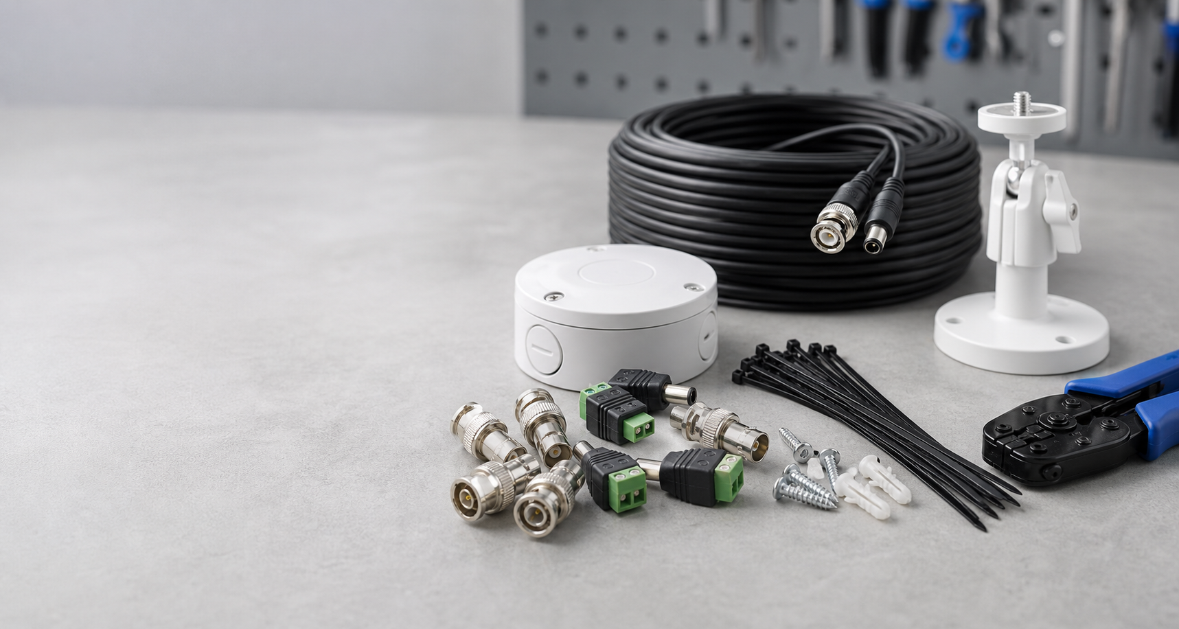 CCTV installation accessories including brackets, connectors, junction boxes and cables